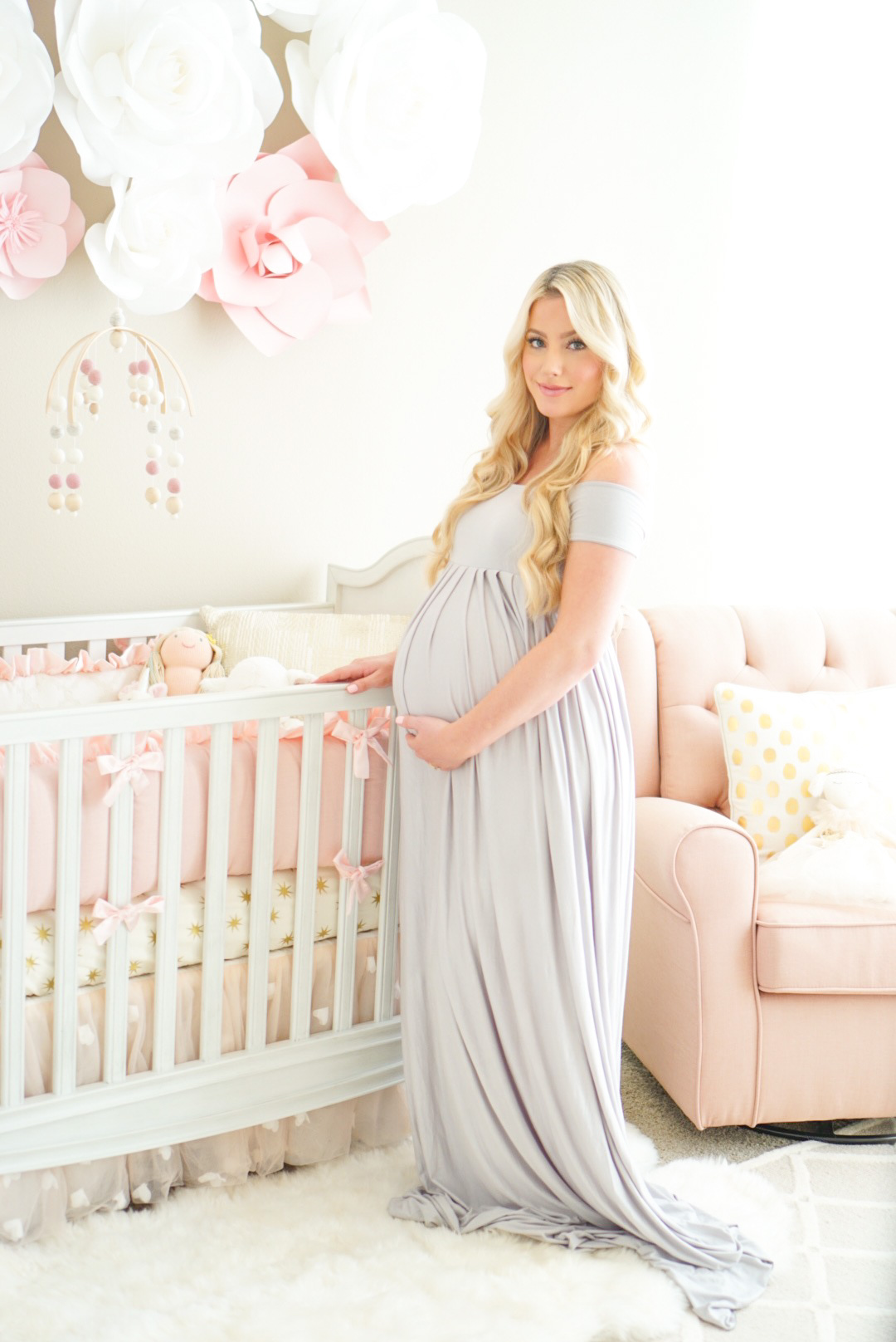 Lifestyle Blogger Katelyn Jones of A Touch of Pink shares nursery for baby girl in her maternity gown