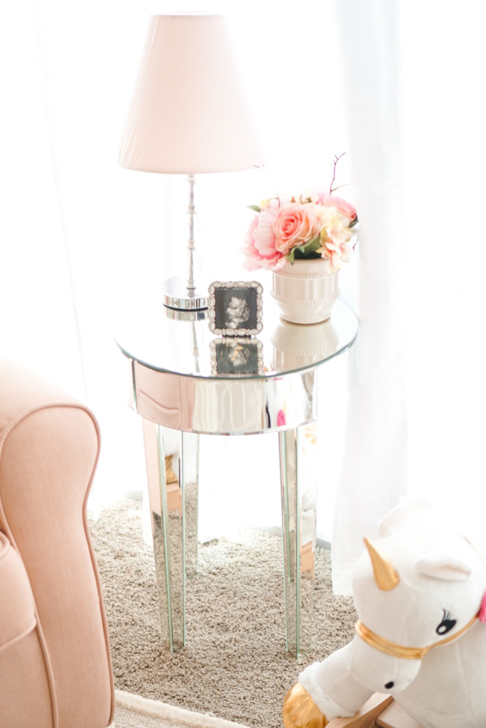 Blogger Katelyn Jones A Touch of Pink Nursery mirrored side table