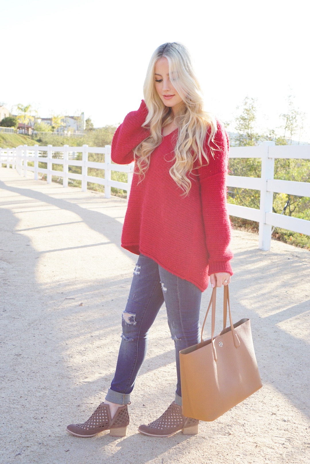 Katelyn Jones A Touch of Pink Slouchy Sweater Red Free People Sweater