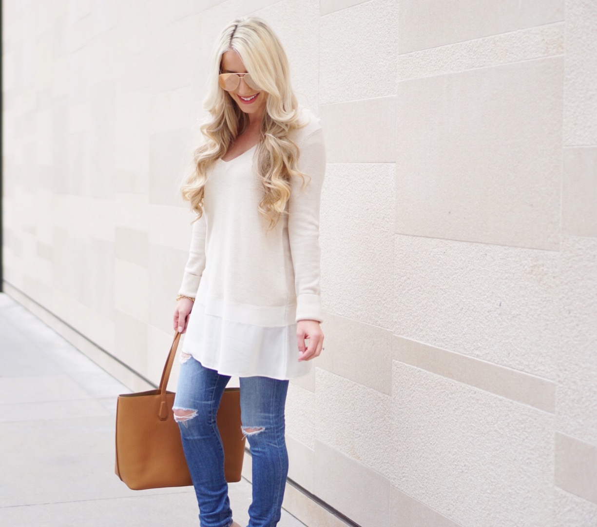 A Touch of Pink Blog Katelyn Jones Long Cream Tunic Sweater