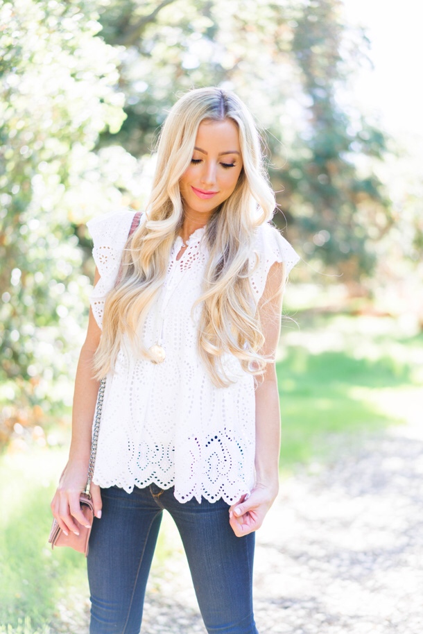 Katelyn Jones A Touch of Pink Blog BP Eyelet Top Cute Spring Outfit Blond Highlights Orange County