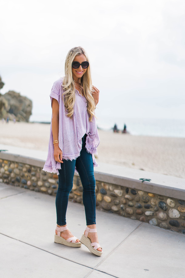Lifestyle blogger Katelyn Jones of A Touch Of Pink wears Audrina' Platform Espadrille Sandal and Free People shirt