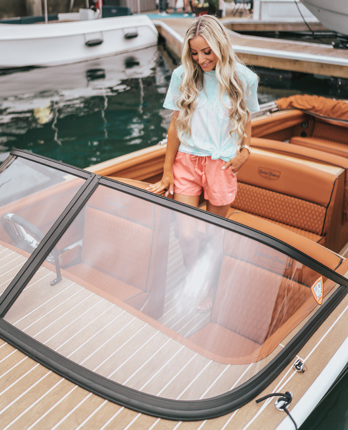 Lifestyle Blogger Katelyn Jones of a Touch of Pink Blog on a boat at Lido Village in Newport Beach