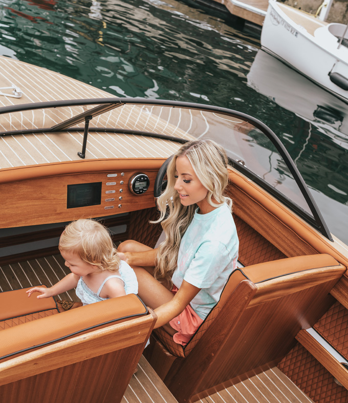 Lifestyle Blogger Katelyn Jones of a Touch of Pink Blog on a boat in California with daughter Kennedy