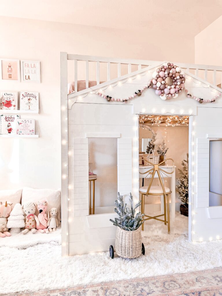 Pink Christmas Decor little girl Christmas bedroom Katelyn Jones A Touch of Pink Blog Pink Christmas Tree Pottery Barn Loft Bed