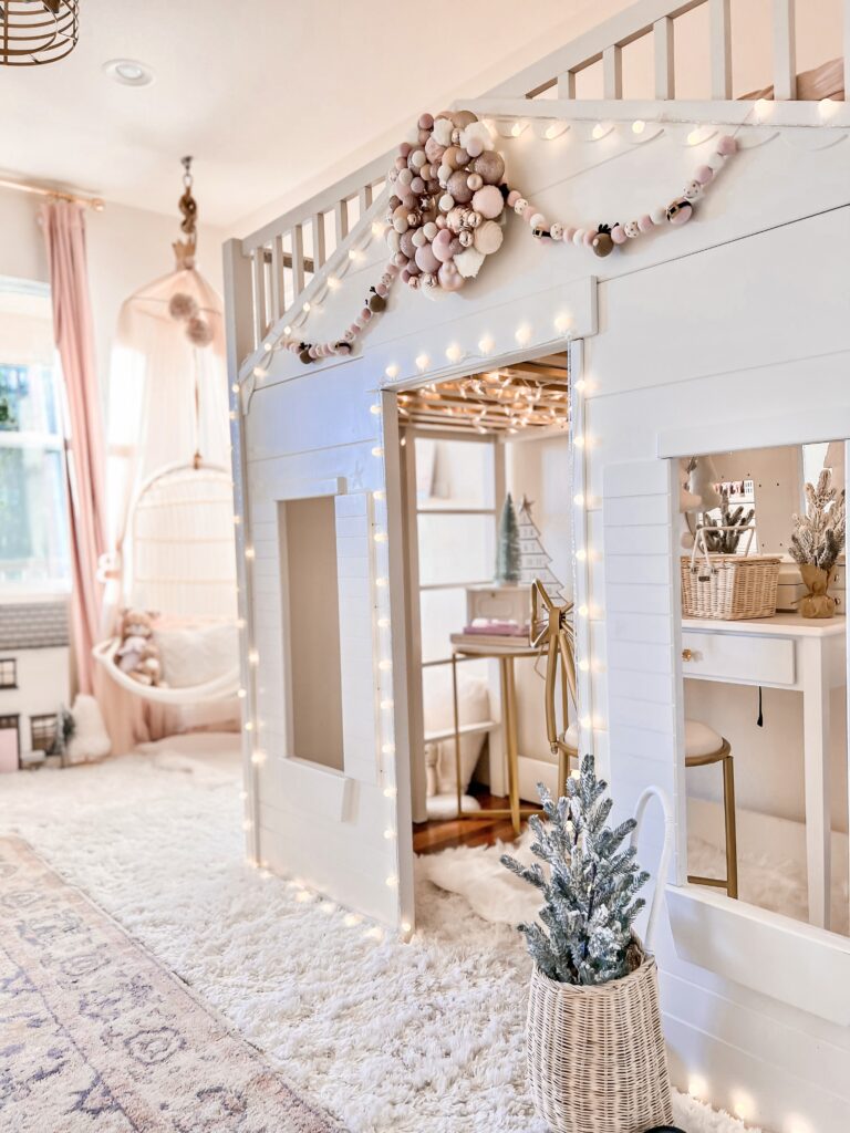 Pink Christmas Decor little girl Christmas bedroom Katelyn Jones A Touch of Pink Blog Pink Christmas Tree Pottery Barn Loft Bed