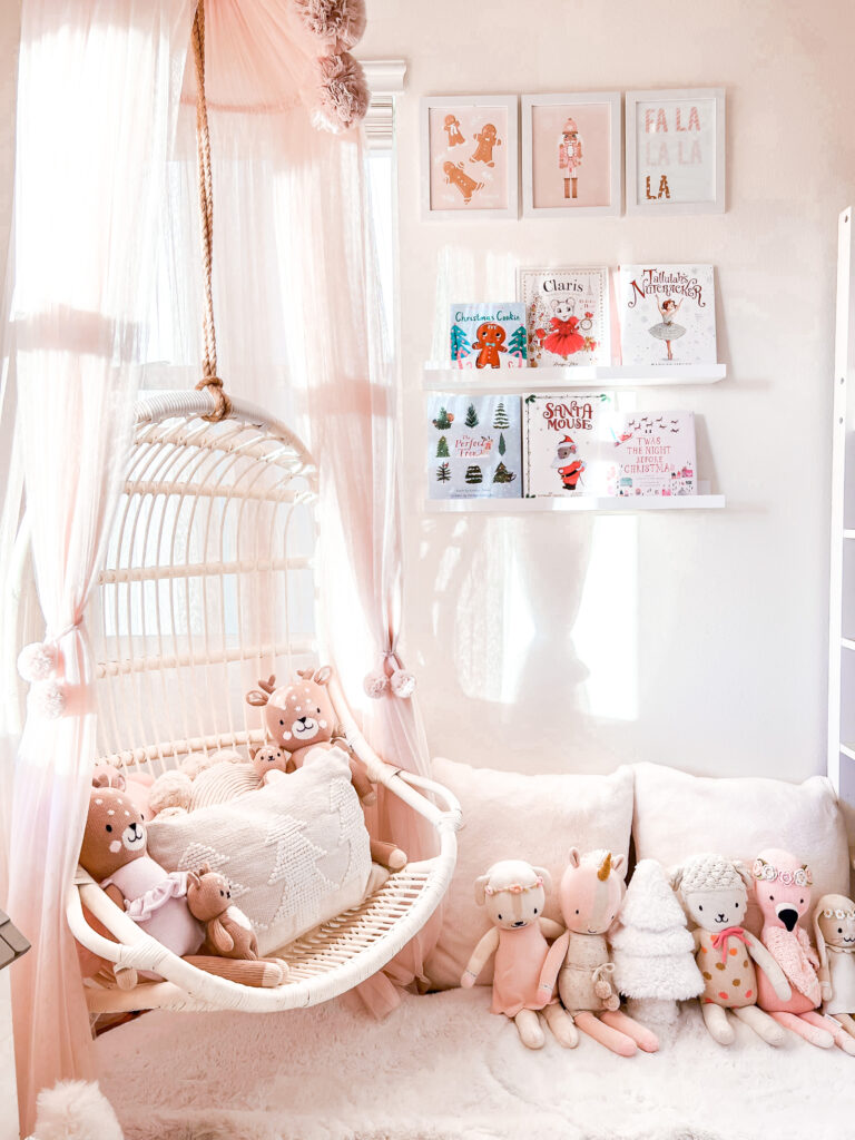 Pink Christmas Decor  little girl Christmas bedroom Katelyn Jones A Touch of Pink Blog Pink Christmas Decor Hanging Rattan Chair